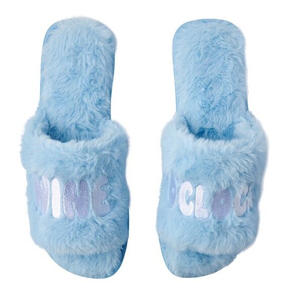 Aldi X Serra | "Wine O Clock" Light Blue Fuzzy Ladies Open Toe Slippers | Size 8 - Picture 1 of 6